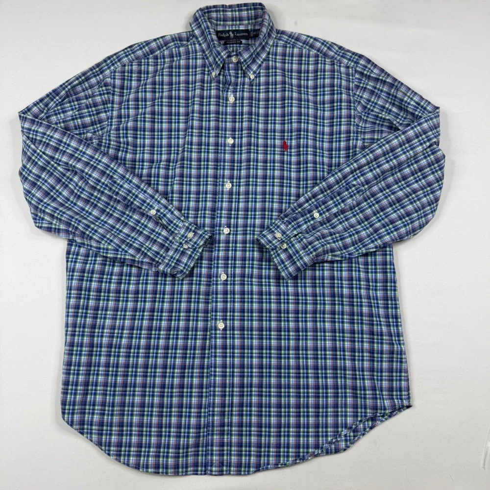 Polo Ralph Lauren Button Down Shirt Mens Large Blue Green Plaid Classic Fit